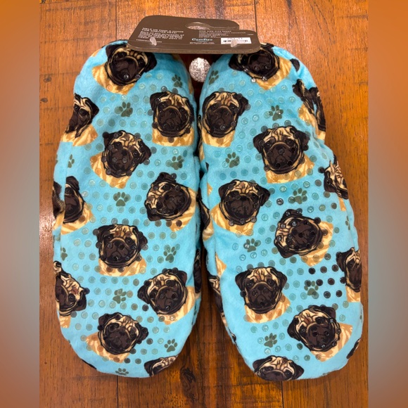 NWT Comfies Sherpa Pug Dog Paw Print Slippers, Blue and Tan, One Size - Picture 4 of 6